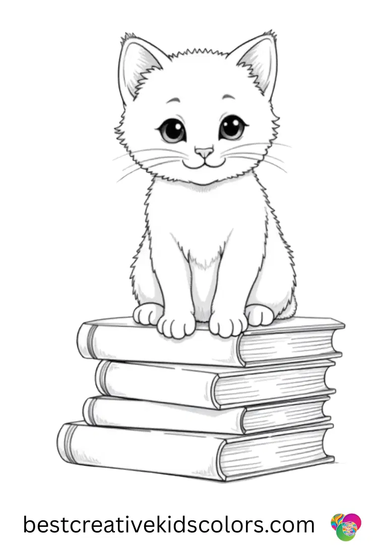 A realistic kitten climbs a stack of colorful storybooks in these Realistic kitten coloring pages.
