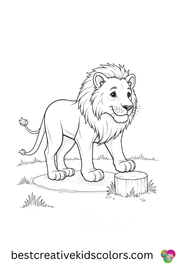 Realistic lion Coloring Pages Realistic lion Coloring Pages illustrate a lion tracing a circular path around a lone stone marker.