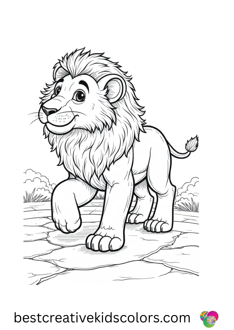 Realistic lion in the wild coloring page easy Realistic lion in the wild coloring page easy presents a lion stepping over cracked earth lines in open terrain.
