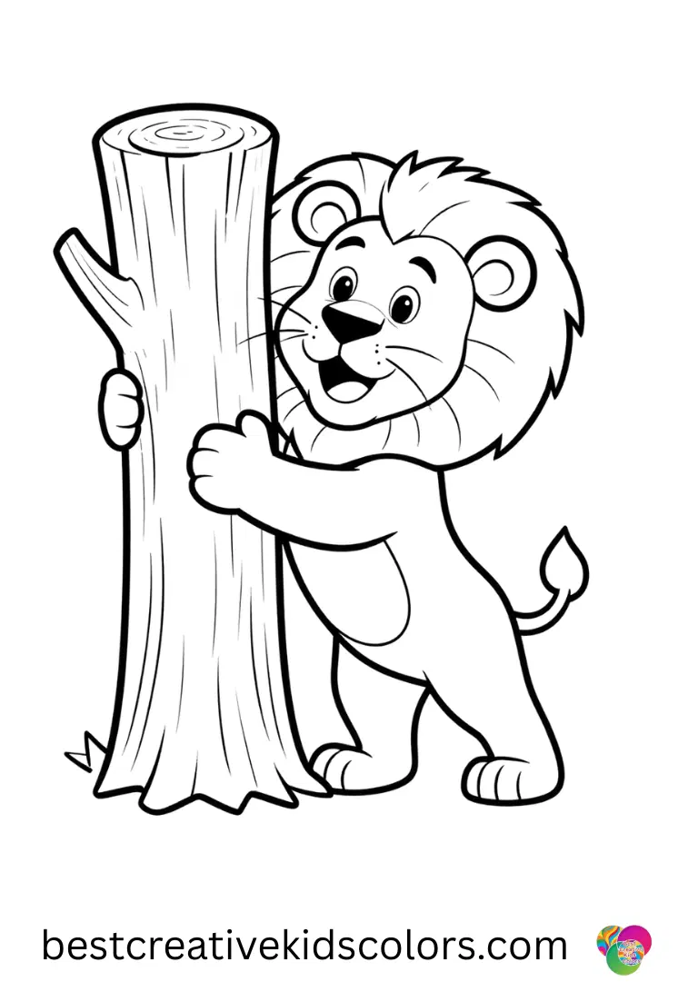 Realistic lion in the wild coloring page for adults A detailed scene shows a lion scraping bark from a tree trunk in Realistic lion in the wild coloring page for adults.