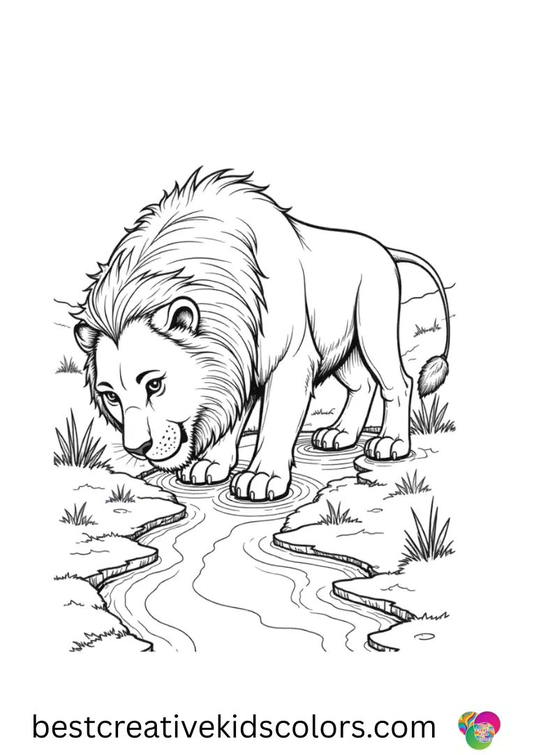 Realistic lion in the wild coloring page pdf Realistic lion in the wild coloring page pdf shows a lion lowering its muzzle to lap water from a narrow stream.