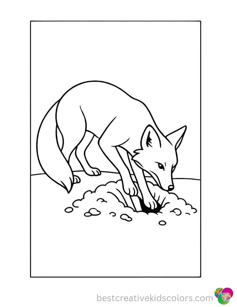 A wild fox digs a deep hole in the soft garden soil in Realistic printable fox coloring pages pdf free.