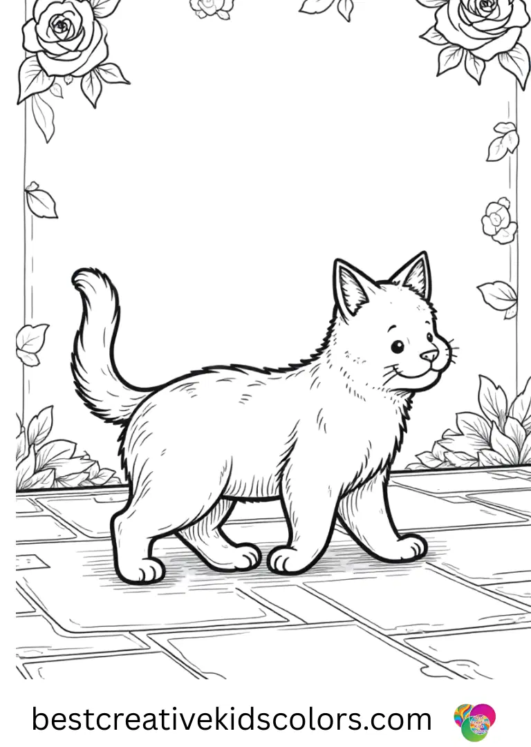 Realistic rose coloring pages show a cat stepping across painted tiles.