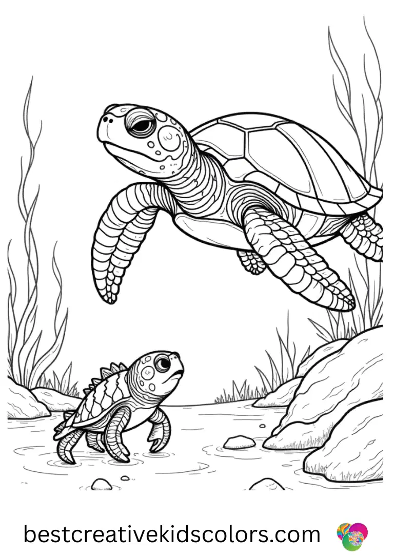 Realistic sea turtle swimming with fish coloring page free shows a turtle guiding a tiny crab along rocks.