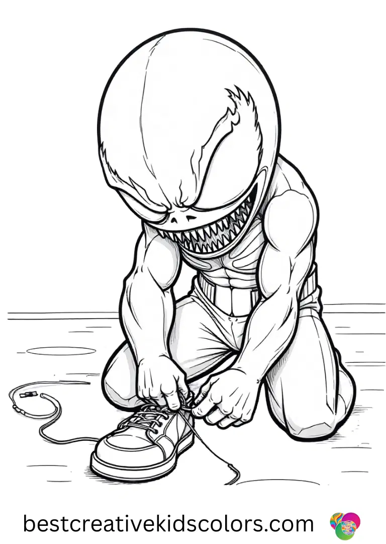 Venom carefully tying his own shoe laces on a plain mat appears in Realistic venom coloring page easy.