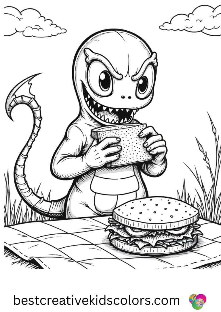 A picnic cloth with a sandwich sits open while Red Venom Coloring page shows Venom preparing lunch.
