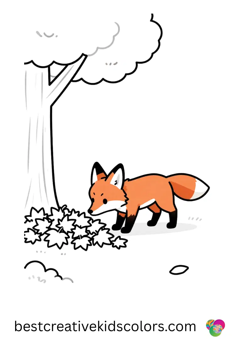 Red fox color page shows a fox sniffing a pile of autumn leaves under a tree.