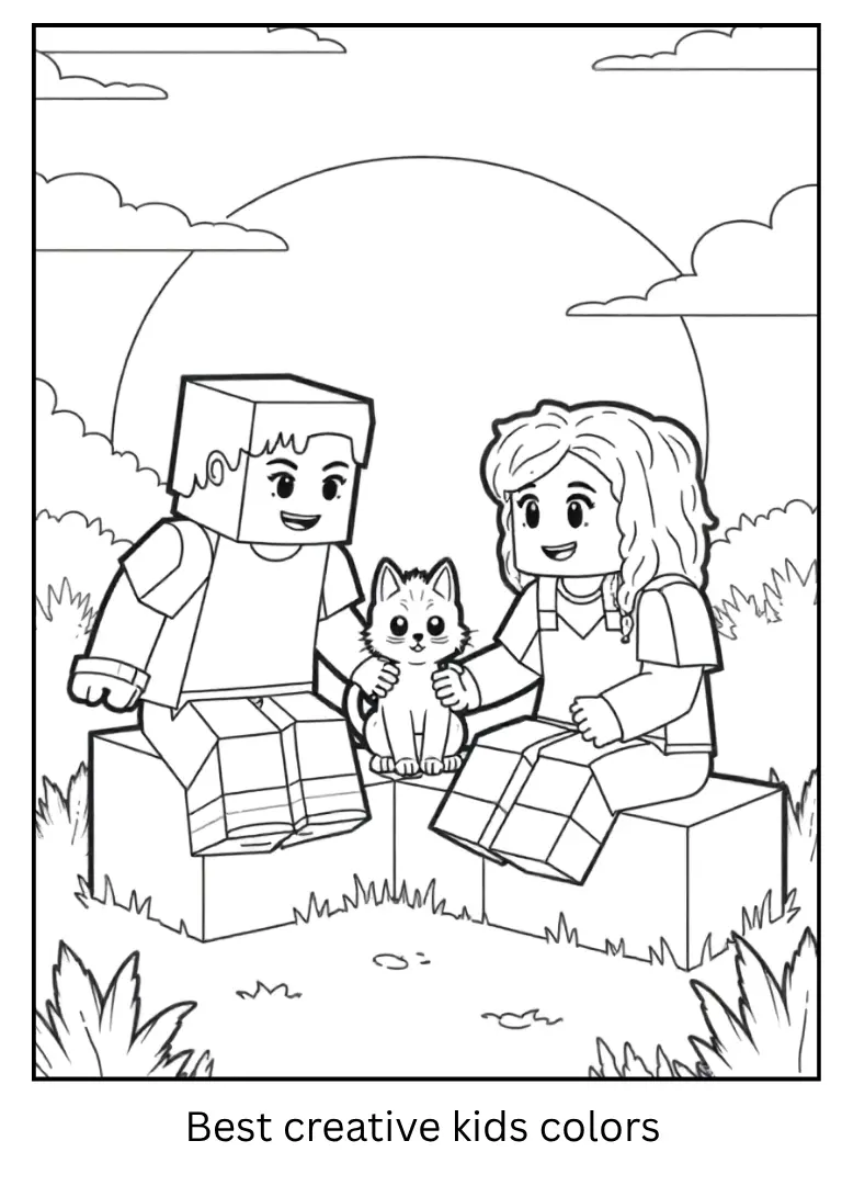 Relaxing Sunset Scene – Minecraft Coloring Outline