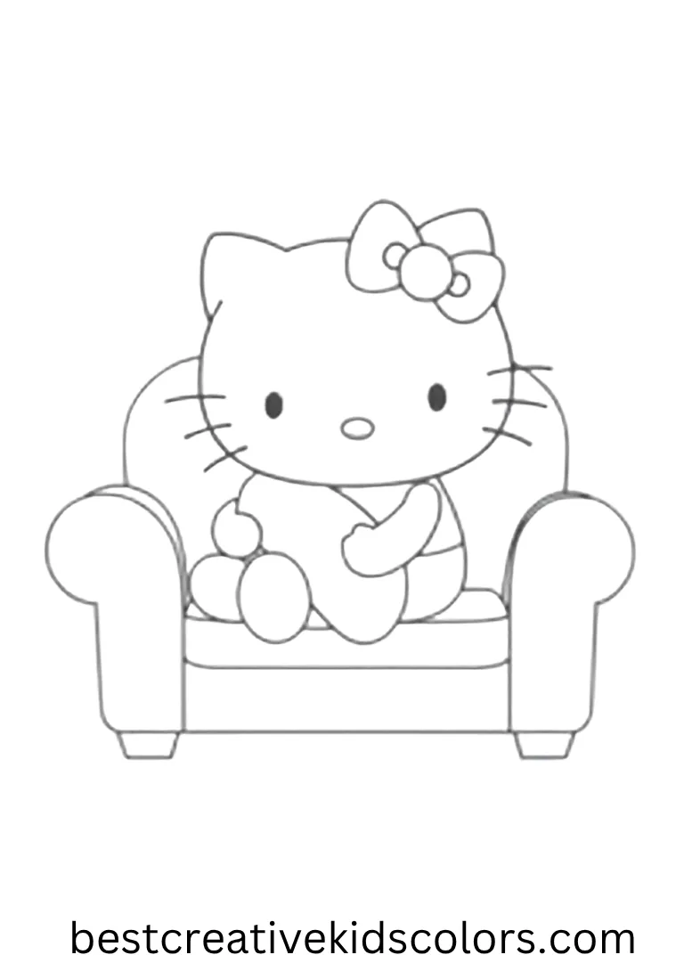 A chill scene of Hello Kitty resting on a soft couch, holding one tiny pillow.