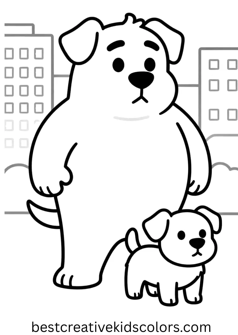 Robocar Poli printable coloring pages shows Poli guiding a lost puppy through the city.