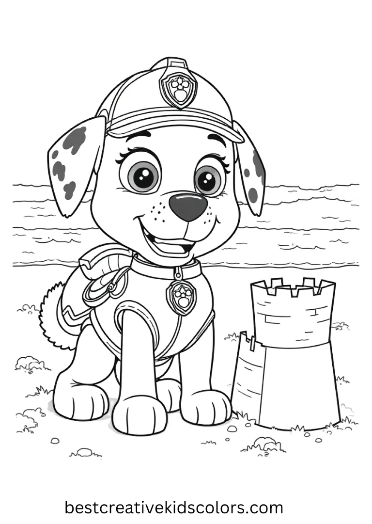 Cute Paw Patrol Coloring Page shows building a sandcastle near the waves. This cute paw patrol coloring page is fun to color and enjoy as a cute paw patrol coloring page!