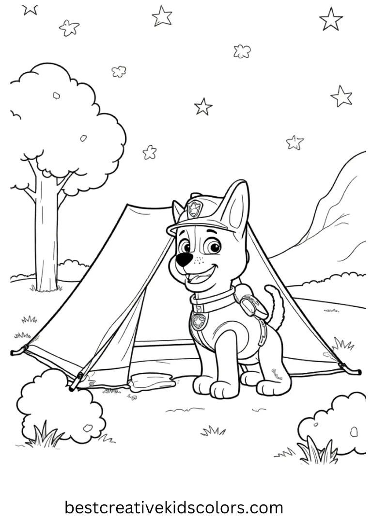 Fun Paw Patrol Coloring Picture shows camping under the stars with a cozy tent. This fun paw patrol coloring picture is fun to color and enjoy as a fun paw patrol coloring picture!