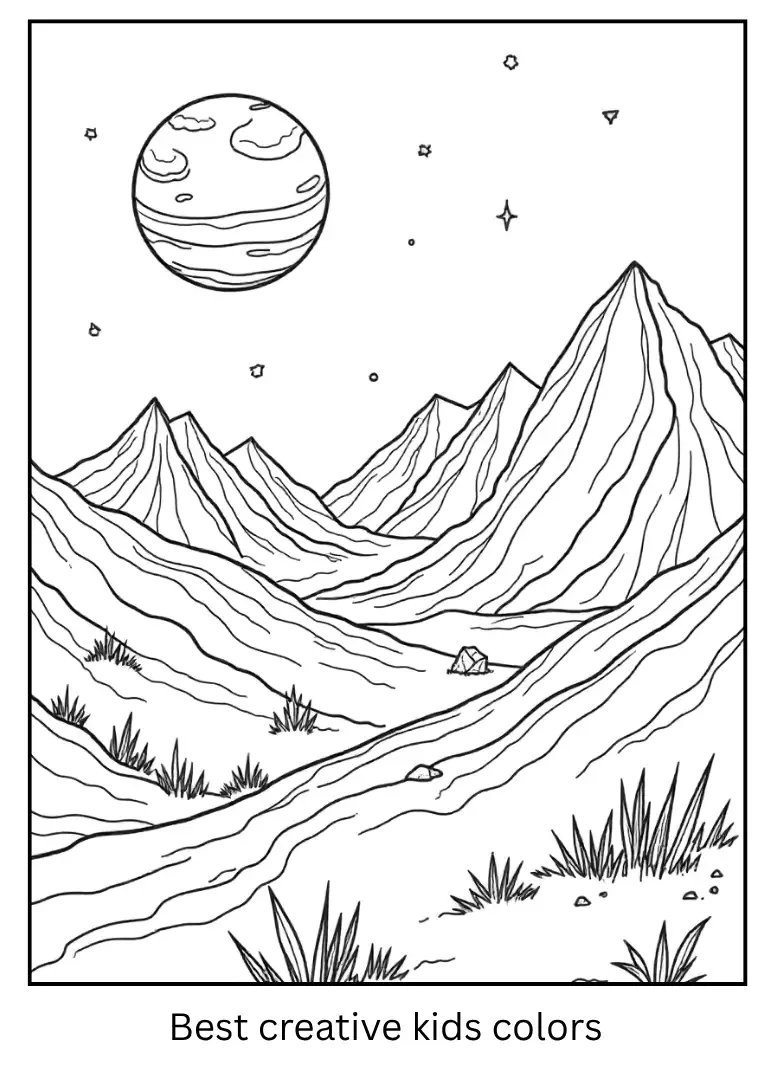 Rocky Planet Coloring Page of Mars with Mountains