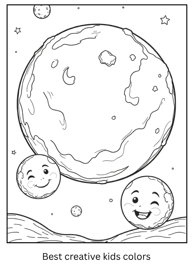 Rocky Planet Coloring Page of Mars with Smiling Moons
