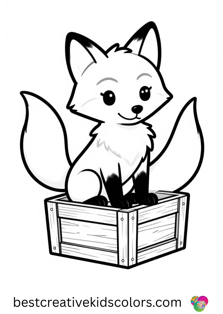 Rose coloring pages for Adults display a fox circling a small wooden crate.