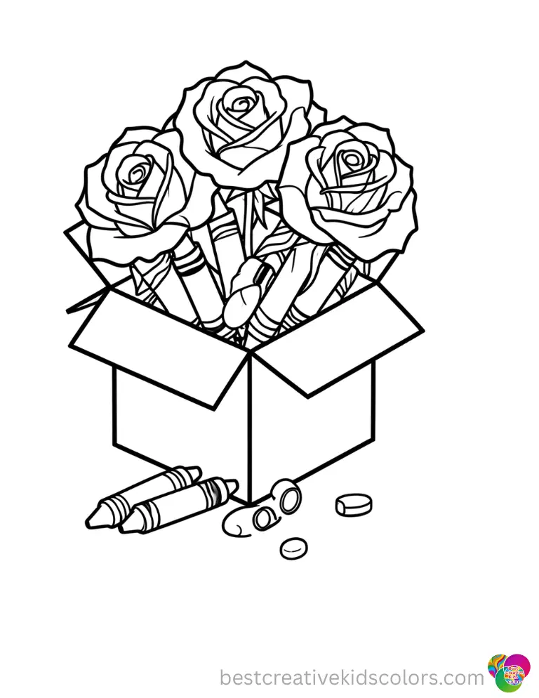 Roses coloring pages for Kids shows crayons spilling from a box.