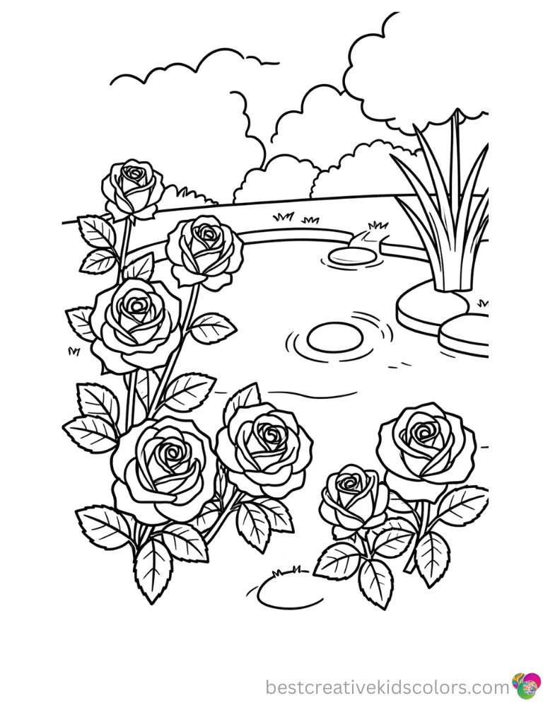 Roses growing near a tranquil pond coloring page easy shows a pebble skipping twice.
