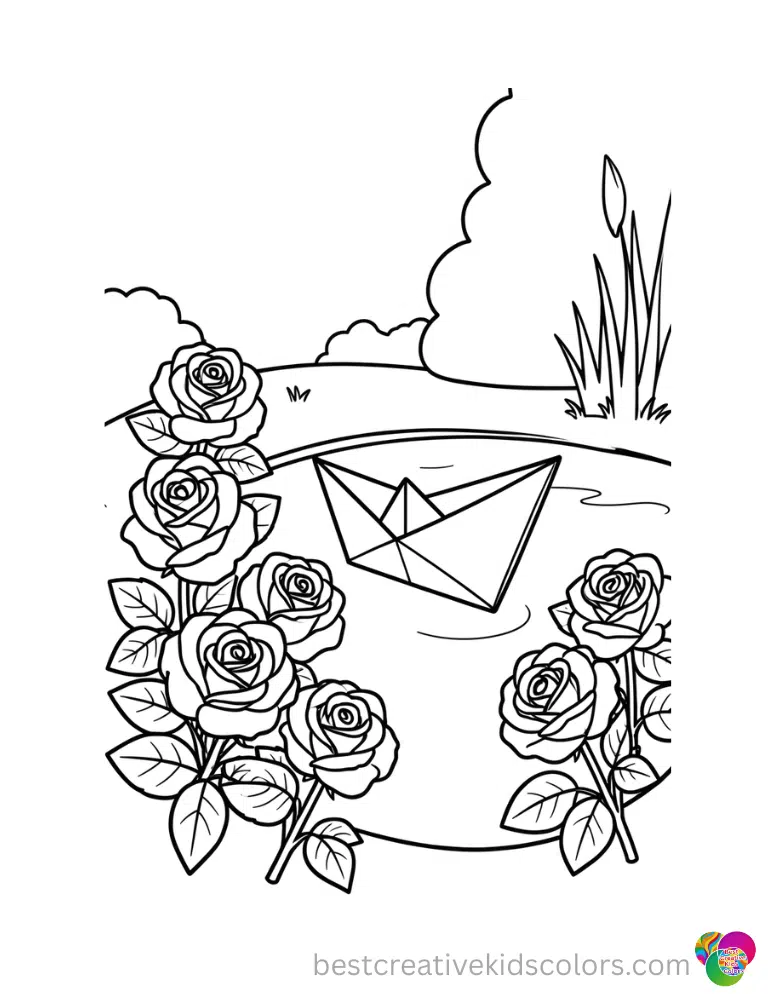 Roses growing near a tranquil pond coloring page free download shows a paper boat turning sideways.