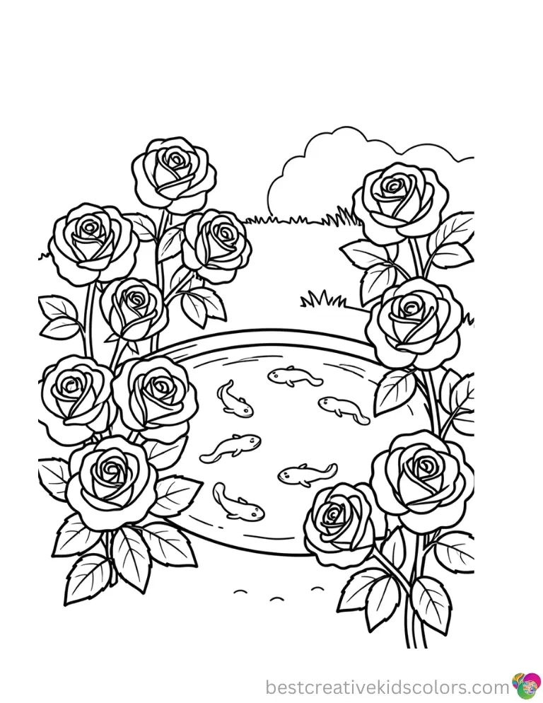 Roses growing near a tranquil pond coloring page free shows tadpoles circling slowly.