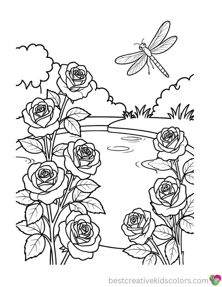 Roses growing near a tranquil pond coloring page pdf free shows a dragonfly hovering.