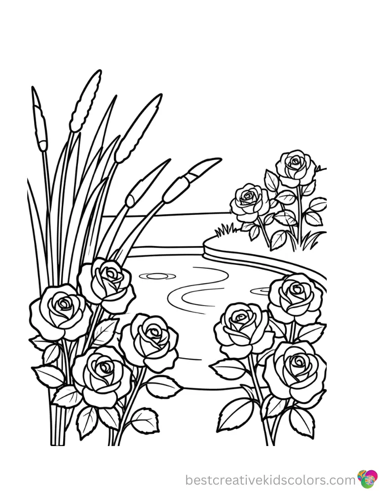 Roses growing near a tranquil pond coloring page pdf shows reeds swaying leftward.