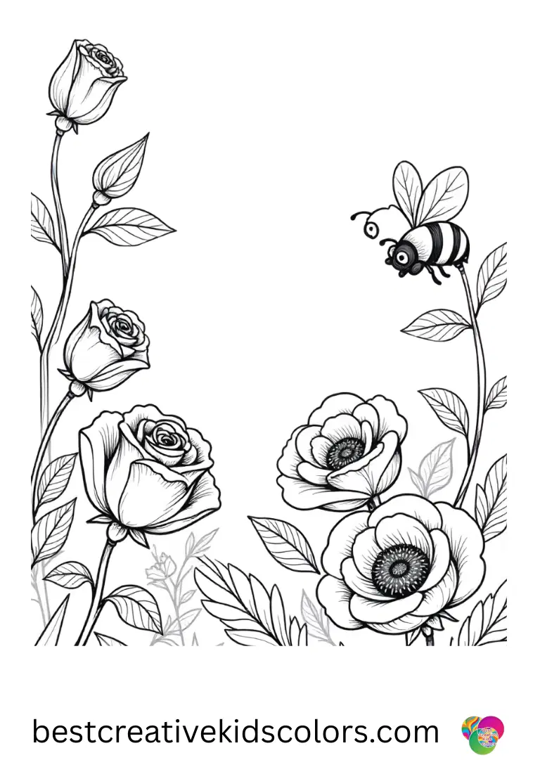 Roses in mixed borders shows a bee backing away from pollen.