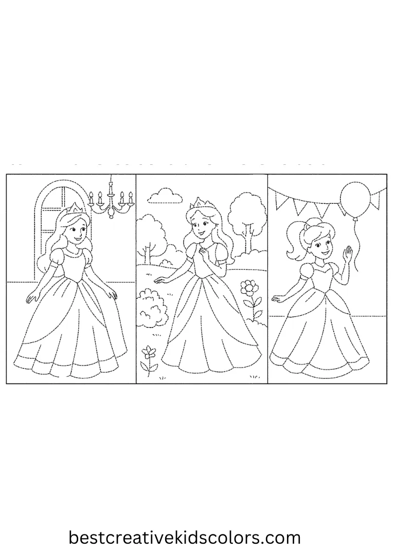 Brightly color princesses attending royal balls, garden strolls, and festive events.