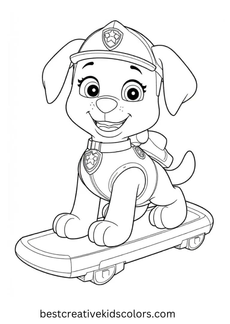 Printable Paw Patrol Coloring Page shows riding on a hoverboard through the town. This printable paw patrol coloring page is fun to color and enjoy as a printable paw patrol coloring page!