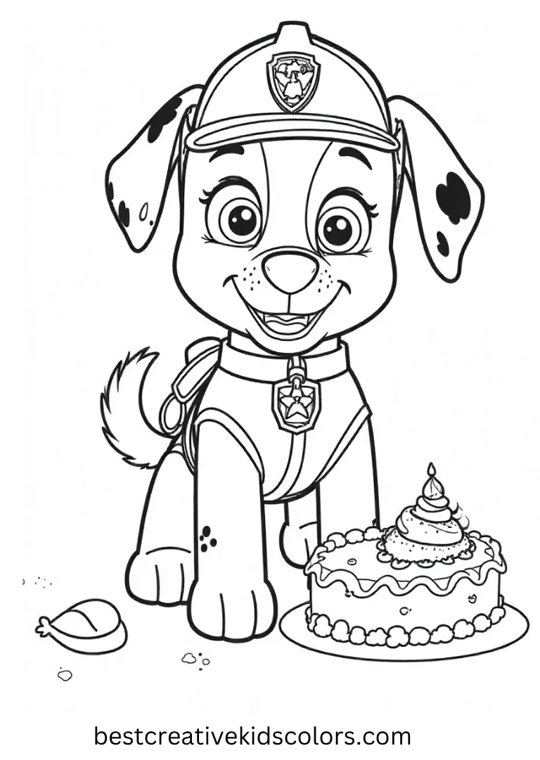 Printable Paw Patrol Coloring Page shows helping decorate a birthday cake. This printable paw patrol coloring page is fun to color and enjoy as a printable paw patrol coloring page!