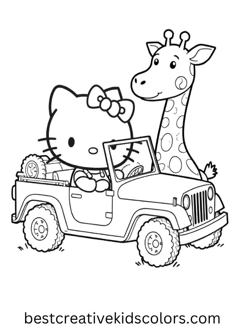 Safari Jeep Tour Hello Kitty Coloring Page