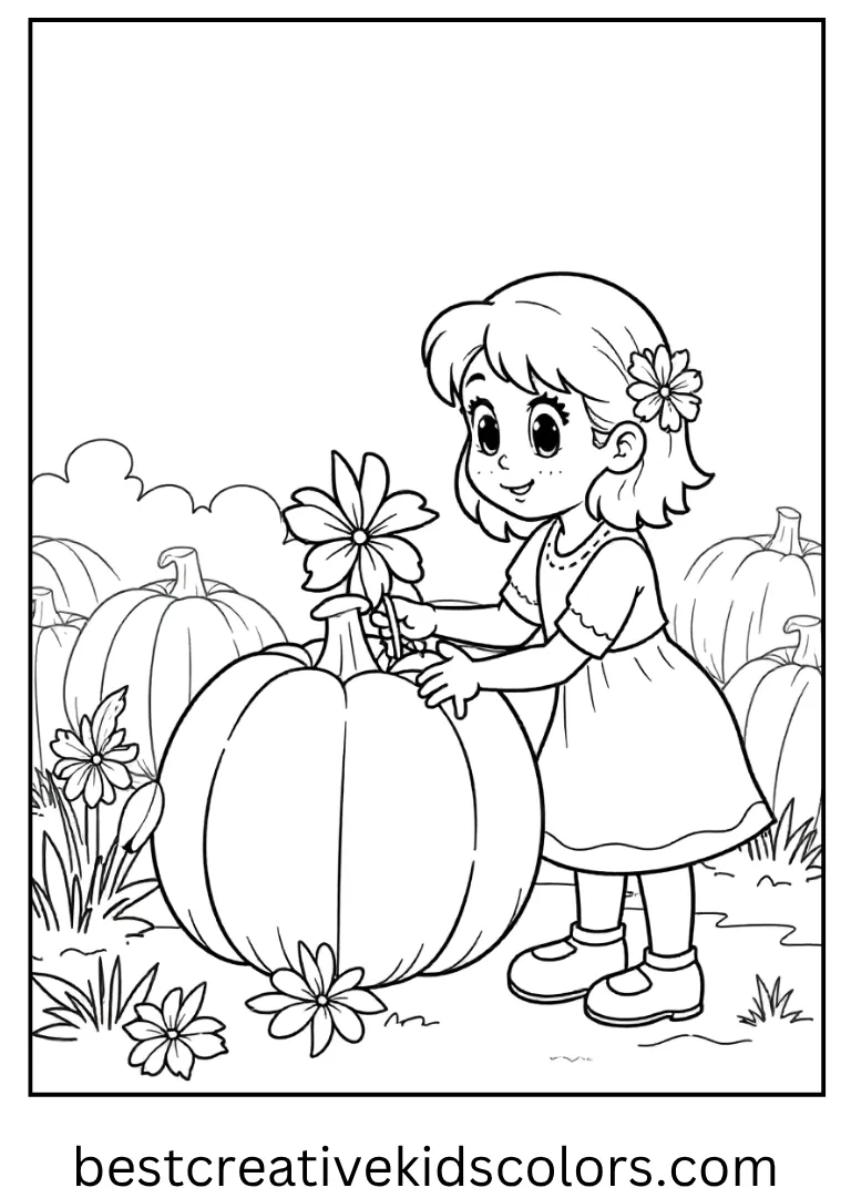 Sally Collecting Flowers Coloring Page Sally picks flowers near the pumpkin patch.