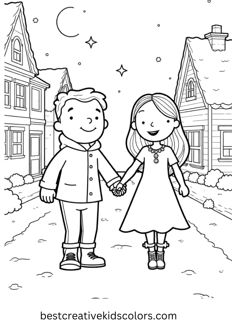 Sally and Jack Snowy Night Coloring Page Jack and Sally walk hand in hand through a snowy Halloween Town