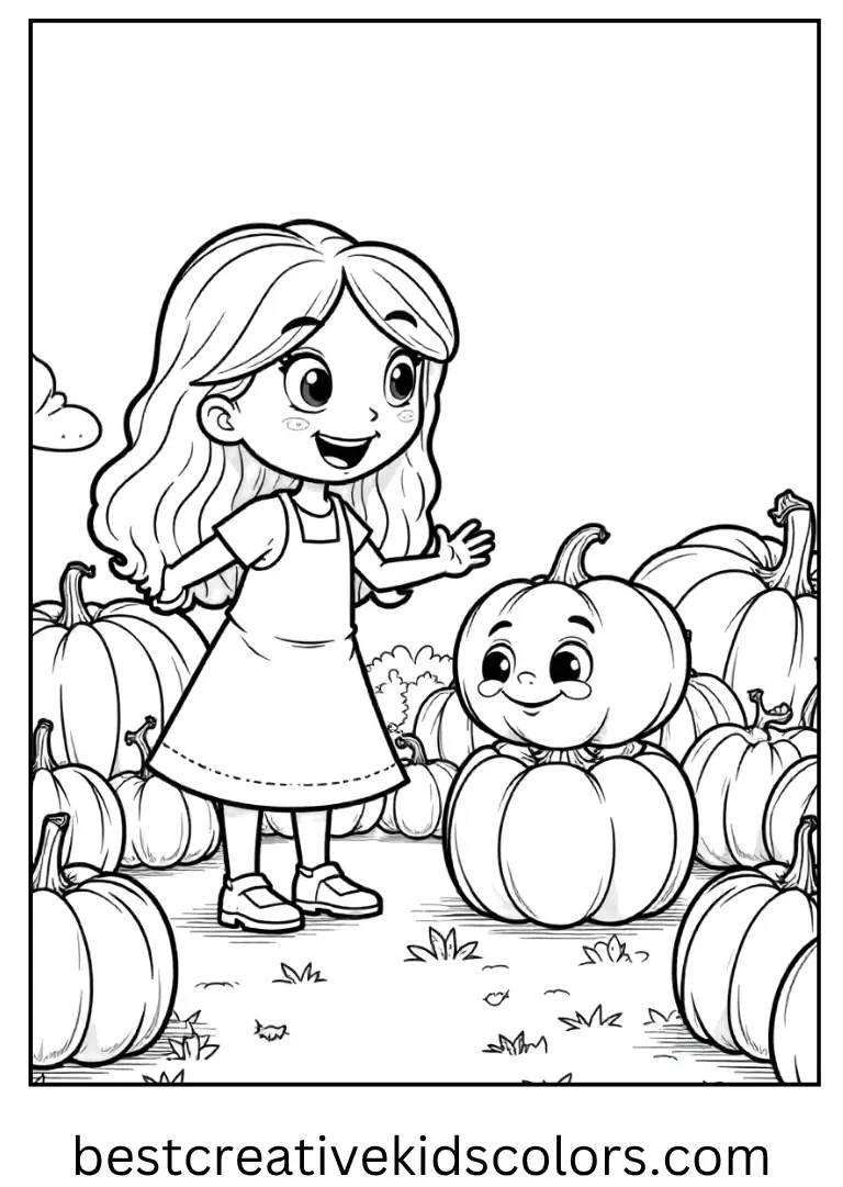 Sally and Zero Pumpkin Patch Coloring Page Sally smiles as Zero plays among pumpkins.