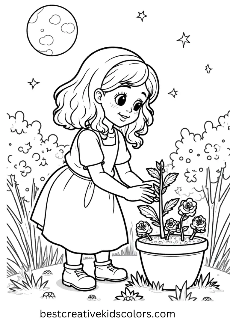 Sally in the Garden Coloring Page Sally tends her magical plants under the soft moonlight.