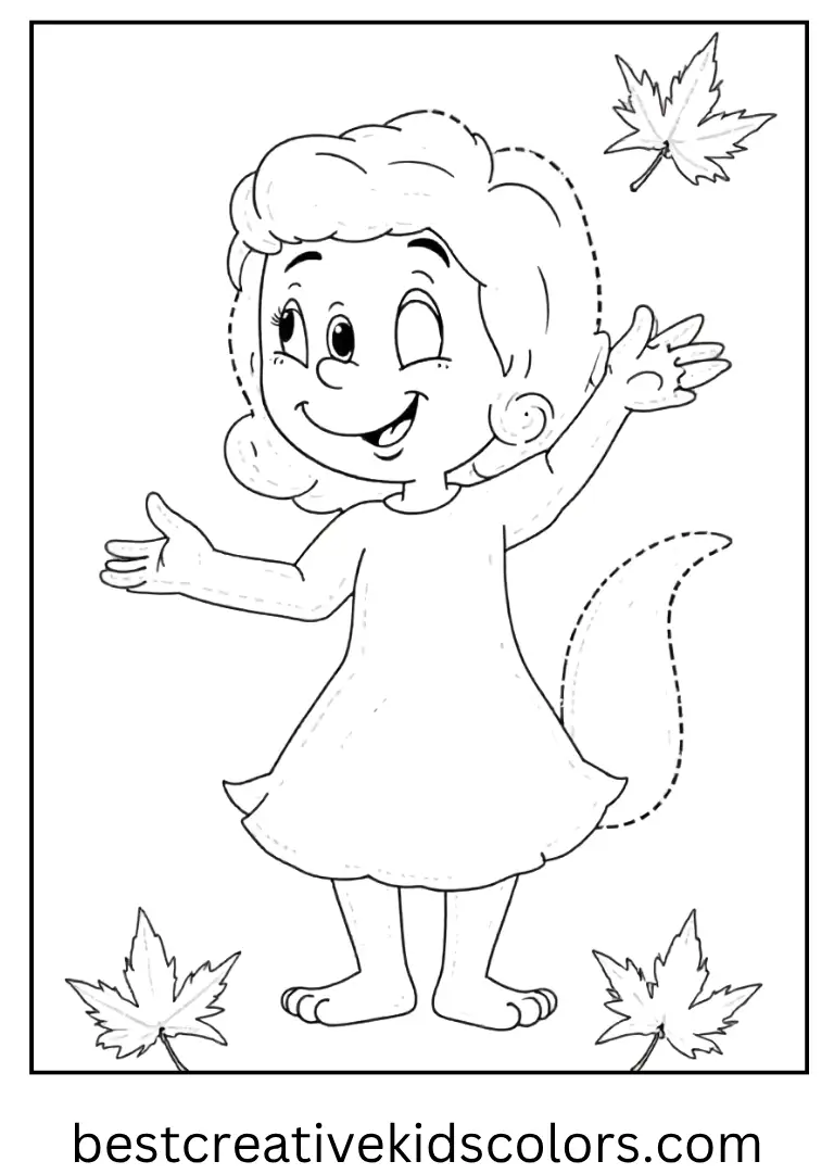 Sally with Falling Leaves Coloring Page Autumn leaves swirl around Sally’s smile.