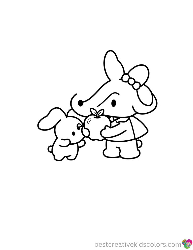 The lovely Sanrio characters coloring sheet shows Sanrio characters holding an apple.