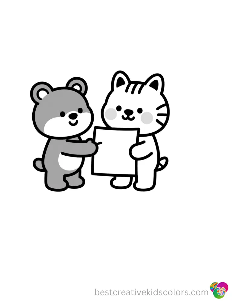 Sanrio coloring page printable neatly shows Sanrio characters tapping a blank sheet of paper.