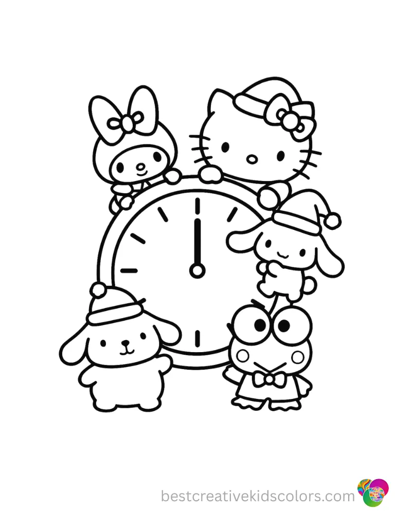 Sanrio coloring pages christmas safely displays Sanrio characters touching a round clock.
