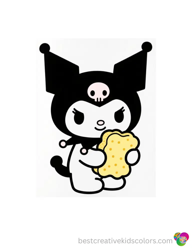 Kuromi is safely squeezing a soft yellow sponge easily inside Sanrio coloring pages kuromi.