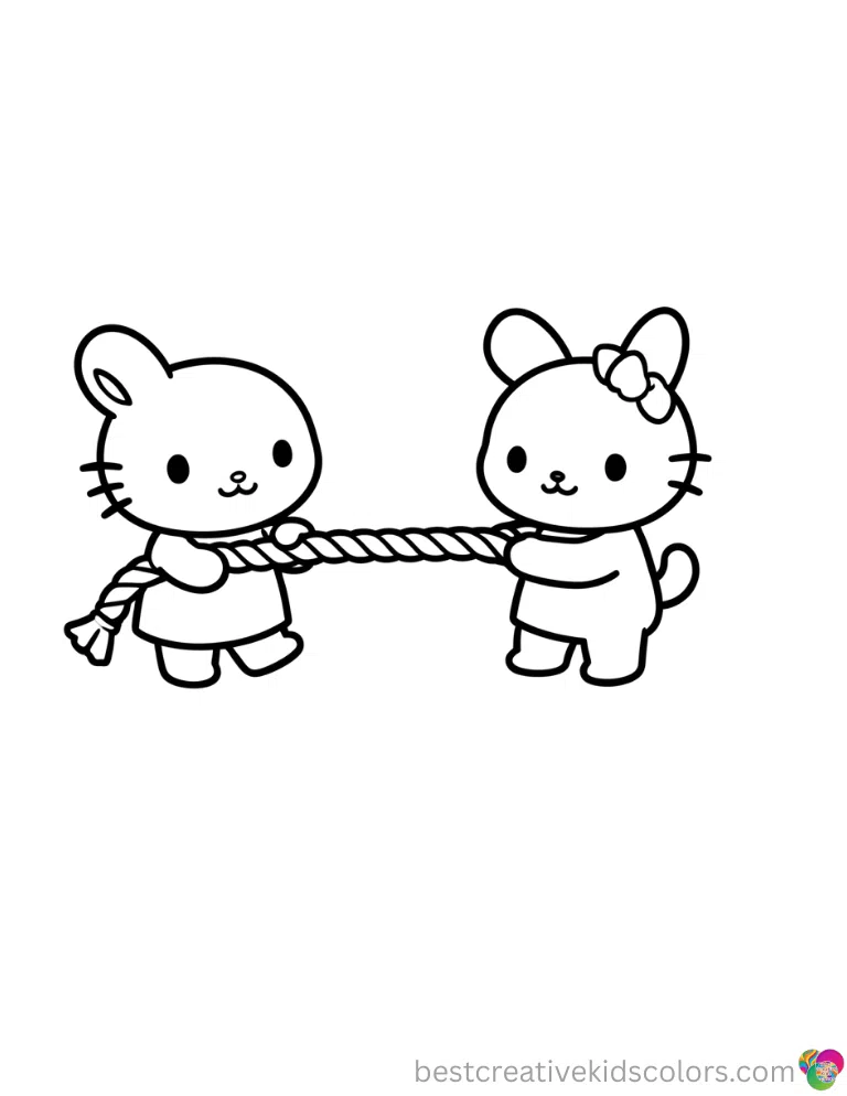 The nice Sanrio coloring pages printable features Sanrio characters pulling a thick rope.