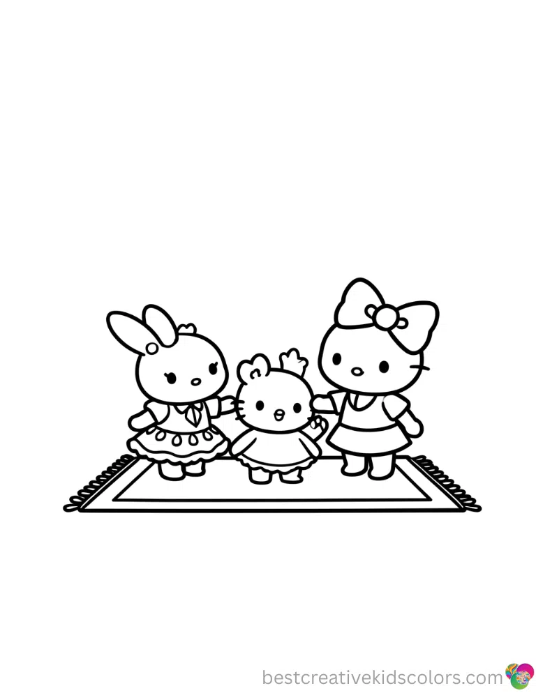 Sanrio characters elegantly sweep a small floor rug right in Sanrio coloring sheet printable.