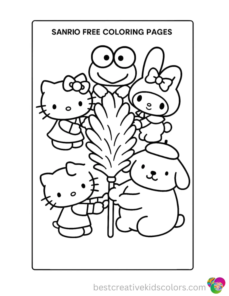 Sanrio characters happily hold a soft feather duster perfectly in Sanrio free coloring pages.