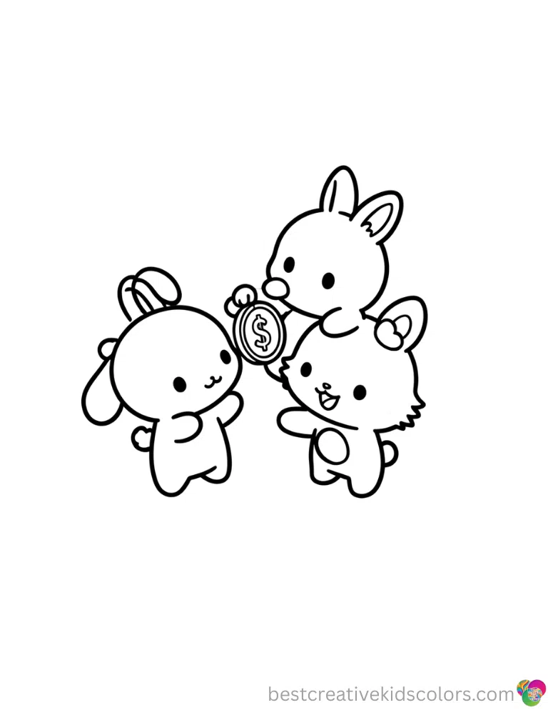 Sanrio halloween coloring pages gracefully shows Sanrio characters dropping a shiny coin.