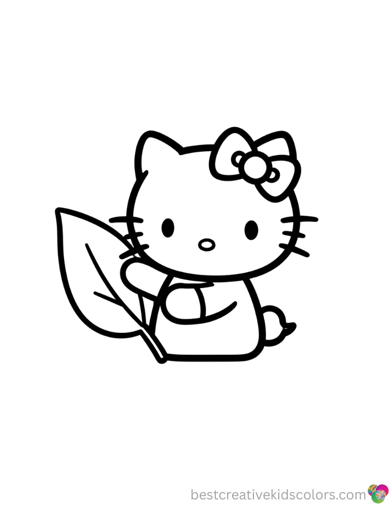 Hello Kitty is nicely touching a smooth green leaf inside Sanrio hello kitty coloring pages.