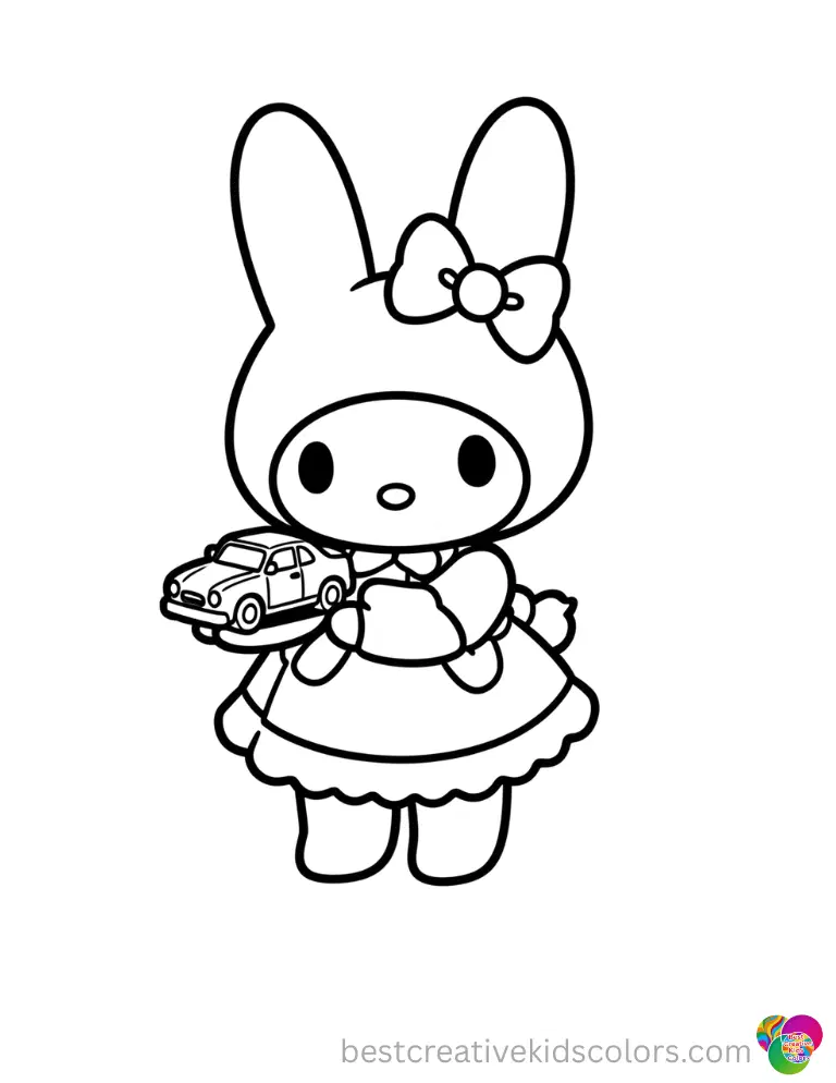 My Melody beautifully holds a miniature toy car forward in Sanrio my melody coloring pages.