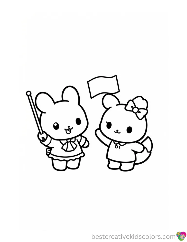 Sanrio para colorear elegantly displays Sanrio characters waving a tiny plain flag.
