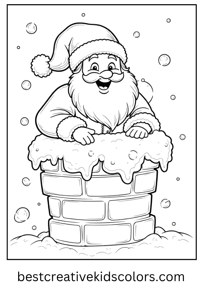 Santa Peeking from Chimney Coloring Page Santa smiling while climbing down a snow-covered chimney.