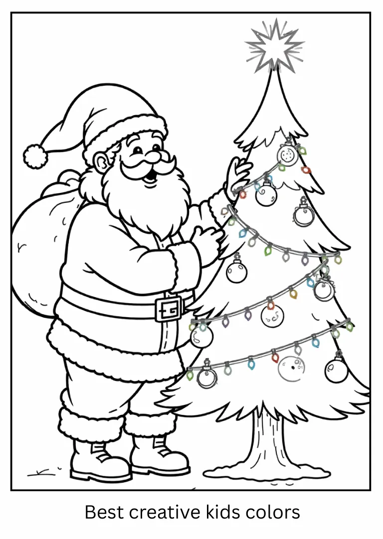 Santa with Christmas Tree Coloring Page Santa with Christmas Tree Coloring Page