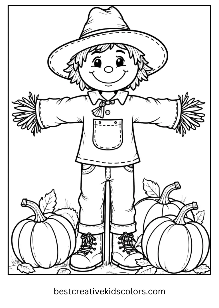  A smiling scarecrow stands among pumpkins and leaves.