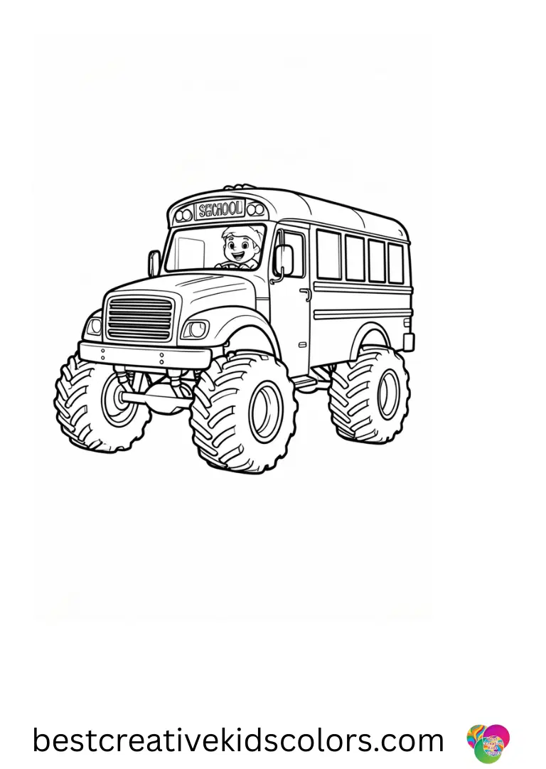 A school bus rolls along smooth streets. Simple outlines make coloring easy and fun.